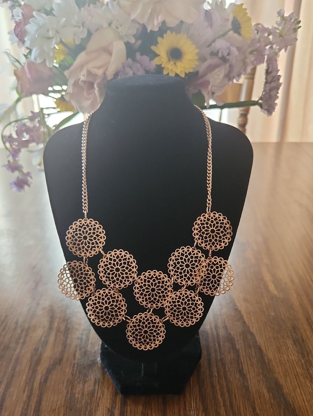 Gold Filigree Flower Statement Necklace Boho Vibe
